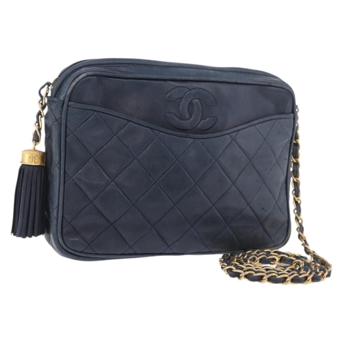 CHANEL Matelasse Lamb Skin Shoulder Bag Navy Gold CC: CHANEL Matelasse Lamb Skin Shoulder Bag Navy Gold CC CHANEL Matelasse chain shoulder bag in navy and gold lamb skin, made in Italy. This women's shoulder bag features a 48 cm shoulder drop and comes w