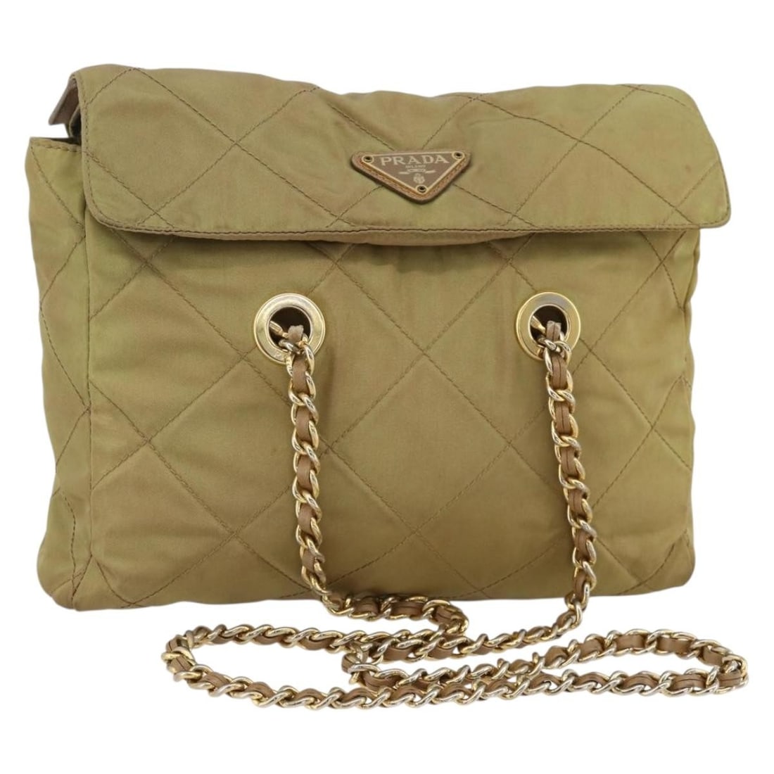 PRADA nylon shoulder bag green with gold tone chain: PRADA nylon shoulder bag green with gold tone chain Prada chain shoulder bag in green nylon with gold-tone accents. Made in Italy, this women's shoulder bag is offered as the item only; the original b
