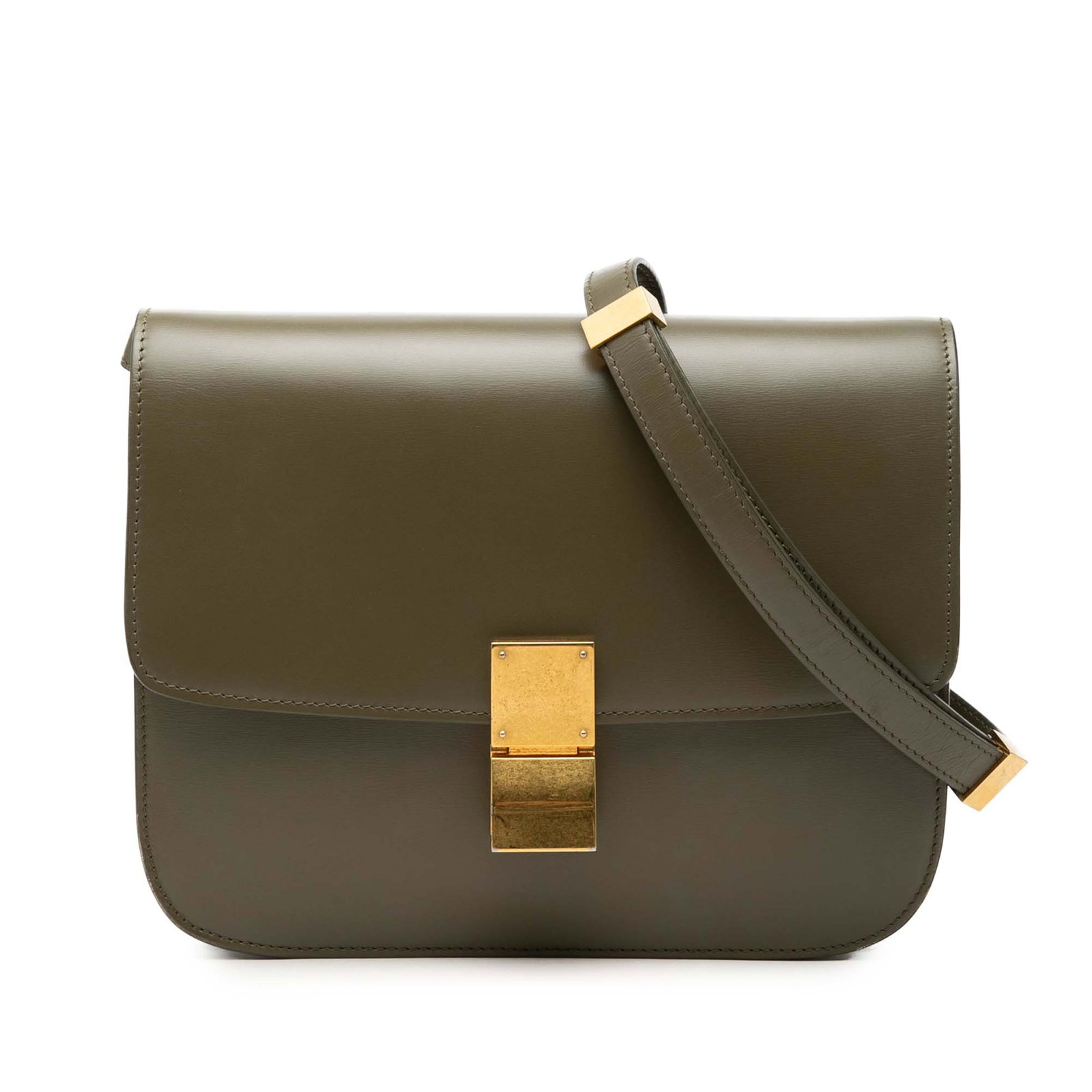 Celine Medium Classic Box green leather crossbody bag: Celine Medium Classic Box green leather crossbody bag Celine Medium Calfskin Classic Box crossbody bag in green leather with a structured silhouette, flat strap, and front flap with metal clasp closur