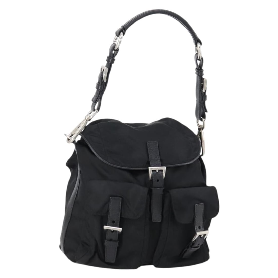 Prada Nylon Shoulder Bag Black Silver Tone Italy: Prada Nylon Shoulder Bag Black Silver Tone Italy Authentic Prada shoulder bag crafted in black nylon with silver-tone accents. Made in Italy, this women's bag has a compact everyday silhouette and inc