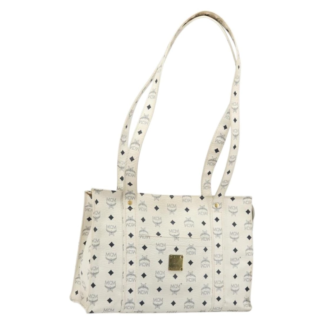 MCM Vicetos Logogram PVC Leather Tote in White Gold: MCM Vicetos Logogram PVC Leather Tote in White Gold MCM Vicetos logogram tote bag in white and gold PVC leather. This women's tote is made in Italy and includes only the bag shown; item box and dust b