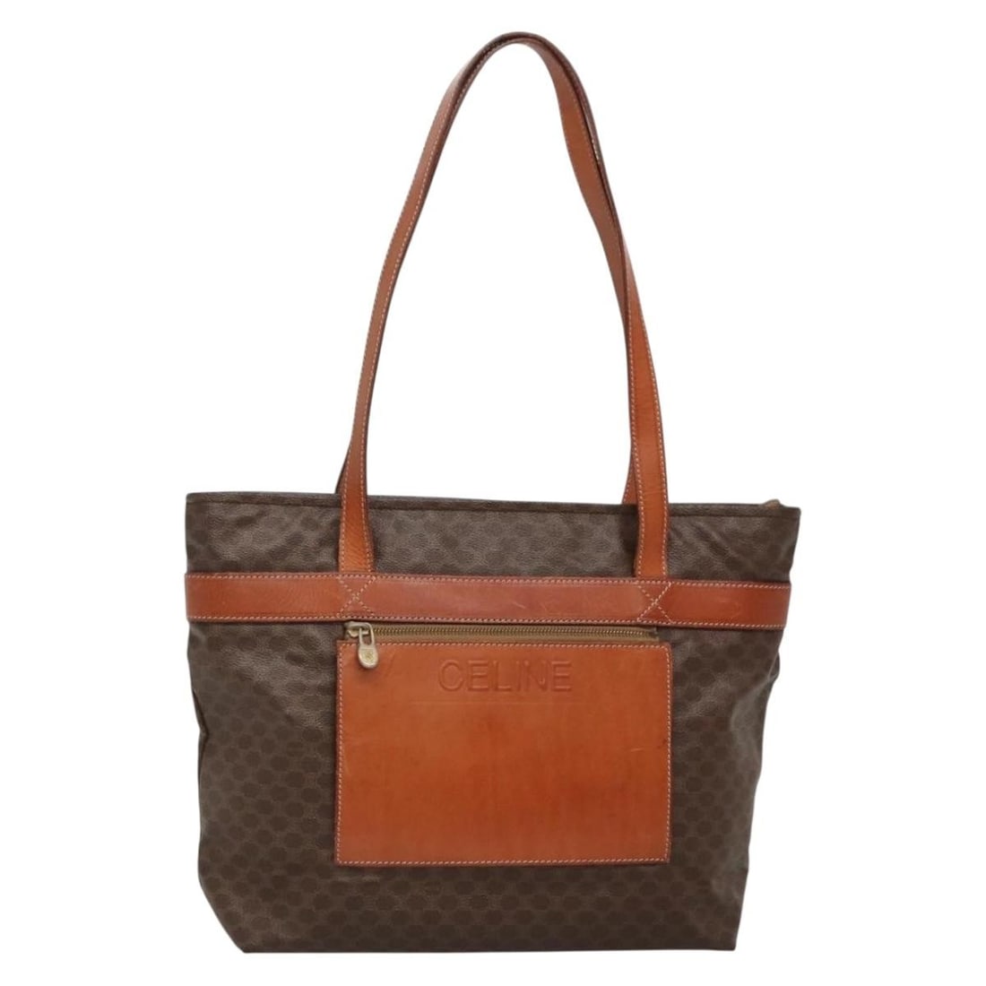 CELINE Macadam Brown Gold PVC Leather Tote Bag Auth Italy: CELINE Macadam Brown Gold PVC Leather Tote Bag Auth Italy Elevate your style with this CELINE Macadam Canvas Tote Bag, crafted from durable PVC leather in a rich brown and gold color combination. This