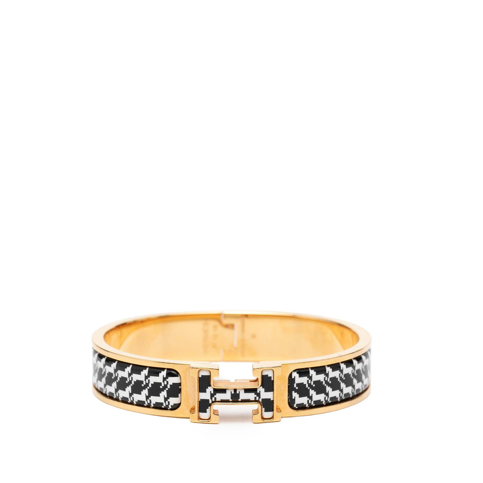 Hermes Cheval Pixel Clic H PM Black Gold Tone Narrow Enamel Bracelet: Hermes Cheval Pixel Clic H PM Black Gold Tone Narrow Enamel Bracelet This Hermes Narrow Enamel Cheval Pixel Clic H Bracelet PM features a gold-tone metal body with enamel inlay and a metal clasp closu