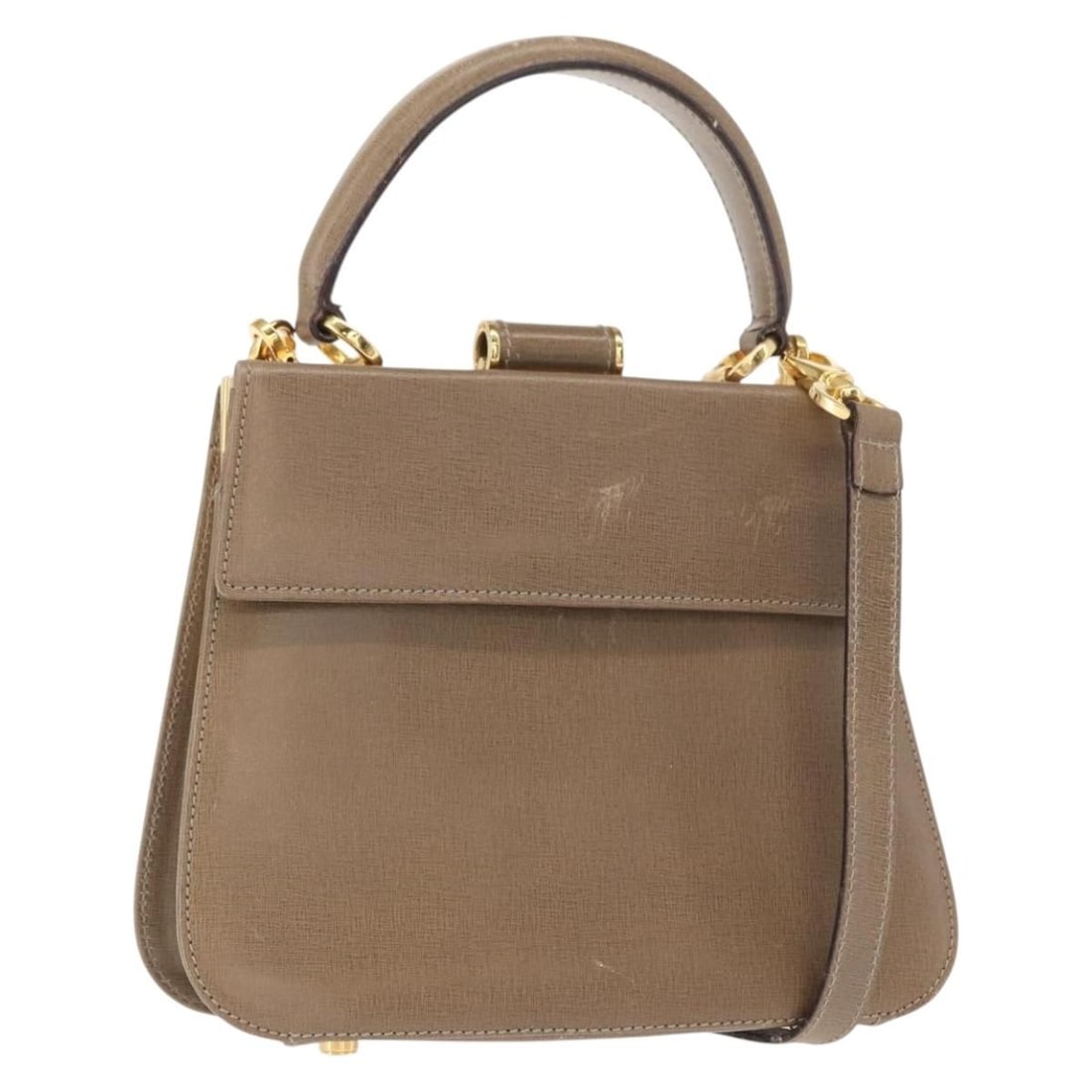 Ferragamo Gancini Beige Leather Convertible Handbag with Shoulder Strap: Ferragamo Gancini Beige Leather Convertible Handbag with Shoulder Strap This Salvatore Ferragamo Gancini handbag is crafted in beige leather with gold-tone accents. It features both a top handle and a
