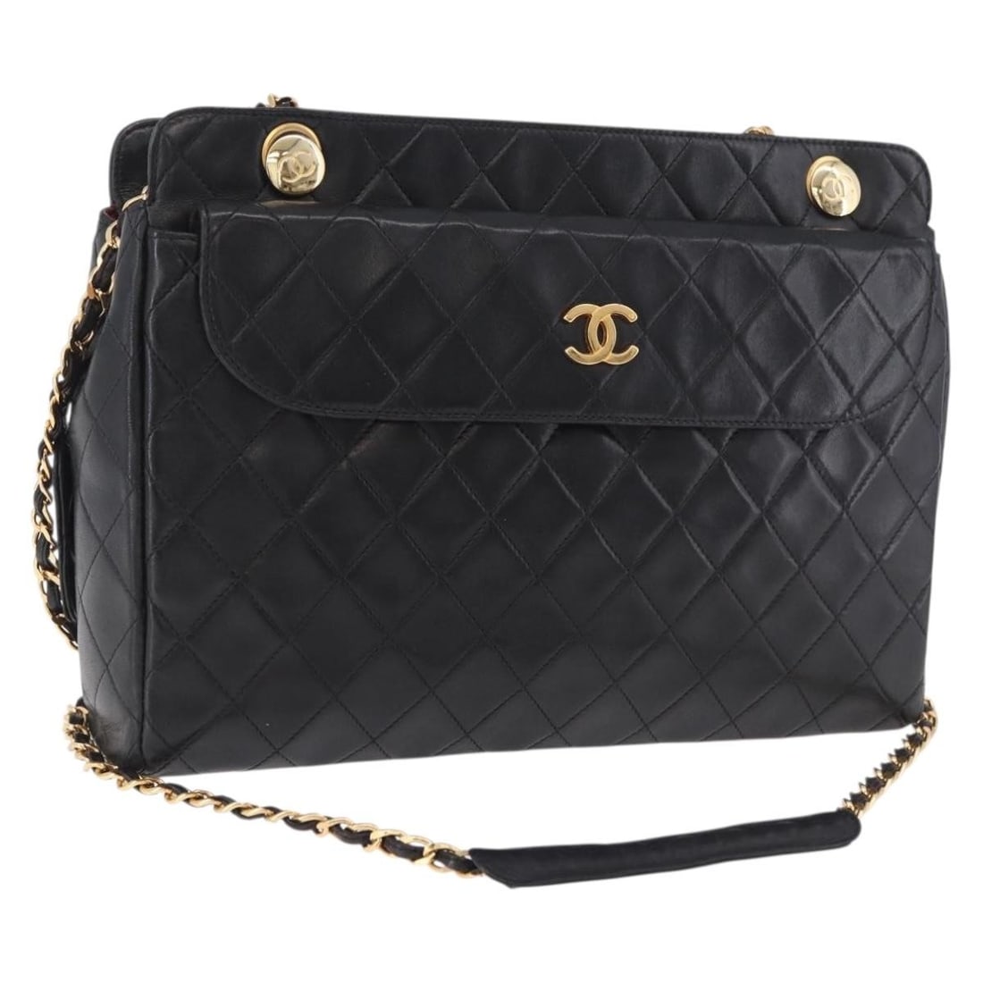 CHANEL CC Matelasse Lamb Skin Tote in Black with Gold Chain: CHANEL CC Matelasse Lamb Skin Tote in Black with Gold Chain Chanel Matelasse chain tote bag in black lamb skin with gold-tone CC detailing. This women's tote is made in Italy and includes only the bag