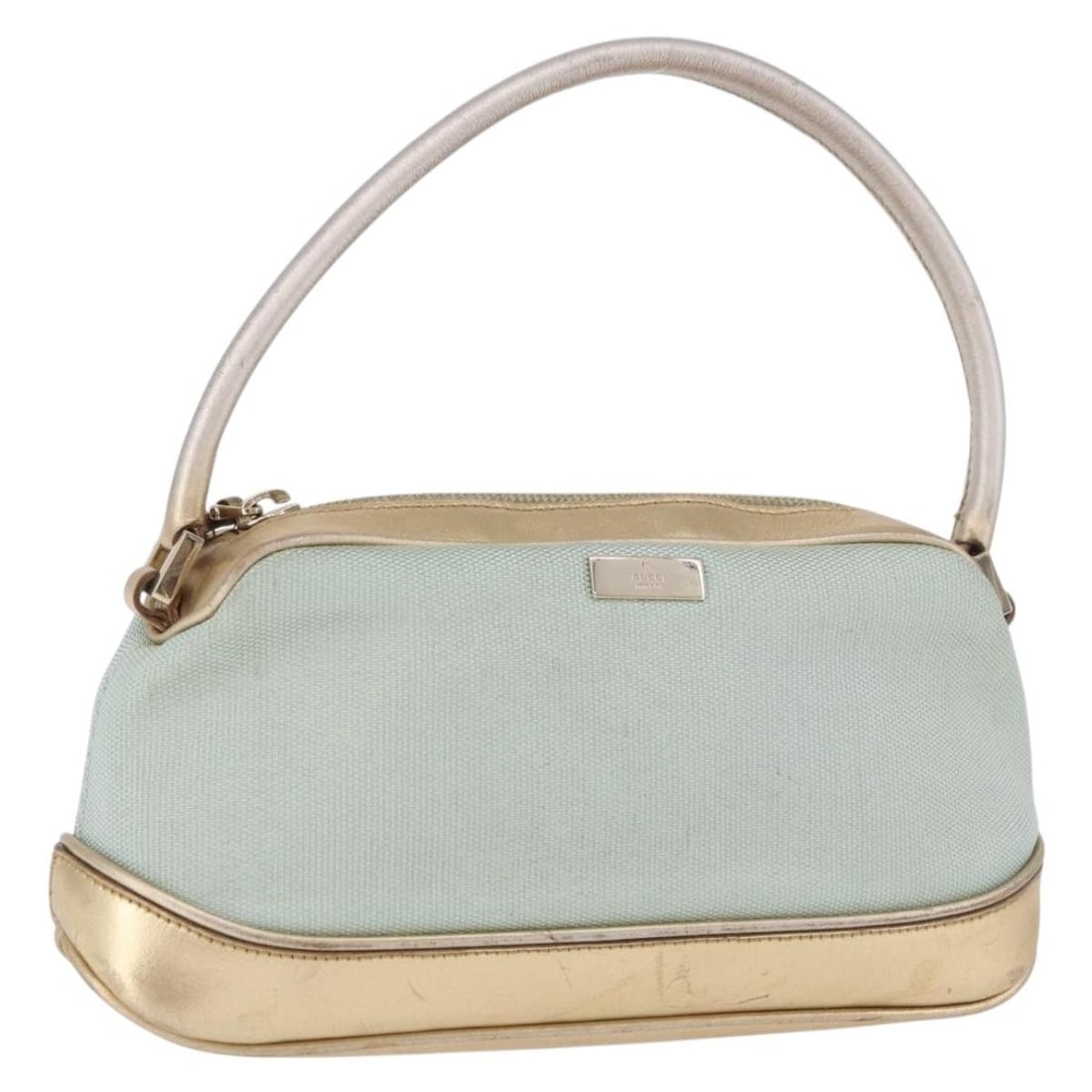 Gucci 039 1133 Light Blue Canvas Leather Hand Bag: Gucci 039 1133 Light Blue Canvas Leather Hand Bag Gucci light blue canvas handbag for women, made in Italy. This compact handbag features a canvas exterior and includes only the item shown; the origin