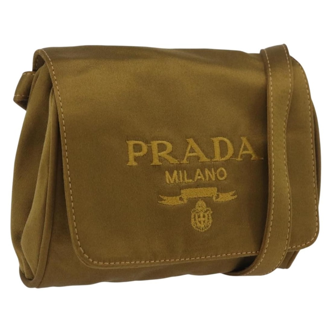 PRADA satin shoulder bag in khaki and gold: PRADA satin shoulder bag in khaki and gold Prada shoulder bag in khaki and gold satin, made in Italy. This women's bag is offered without the original item box or dust bag; only the item shown is incl