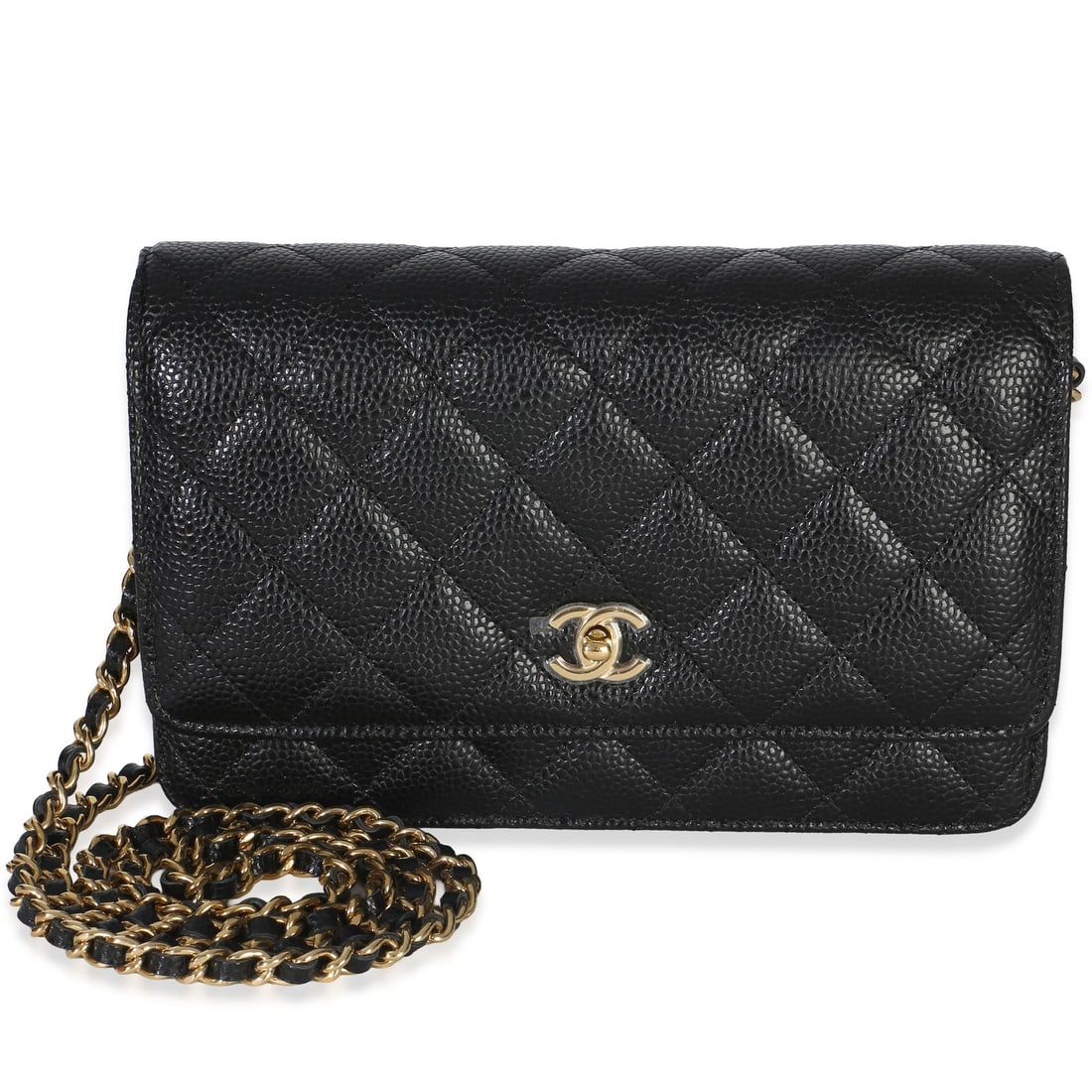 Chanel Wallet On Chain black caviar leather quilted shoulder bag: Chanel Wallet On Chain black caviar leather quilted shoulder bag Pre-owned Chanel Wallet On Chain in black quilted caviar leather with a CC turnlock closure. This unisex shoulder bag features a red fa
