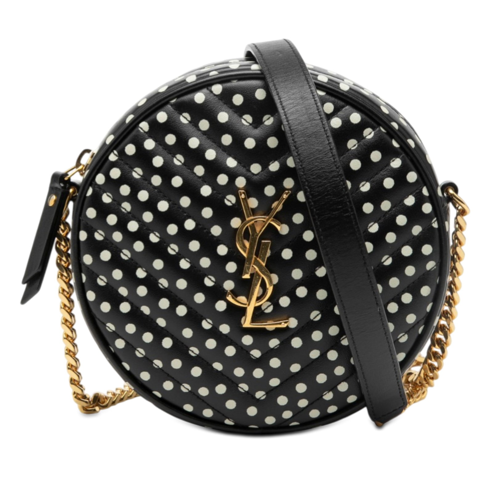 Saint Laurent Round Vinyle Camera Bag Chevron Calfskin Polka Dot: Saint Laurent Round Vinyle Camera Bag Chevron Calfskin Polka Dot Saint Laurent round camera bag crafted in quilted calfskin leather with polka dot detailing. This crossbody style features a chain link