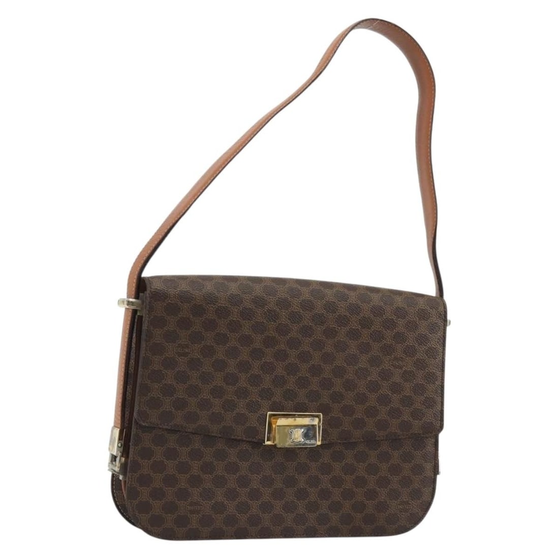 CELINE Macadam Shoulder Bag Brown PVC Leather Gold Tone: CELINE Macadam Shoulder Bag Brown PVC Leather Gold Tone A CELINE Macadam canvas shoulder bag in brown and gold, made from PVC leather and Macadam canvas. It is a women's shoulder bag with a compact st
