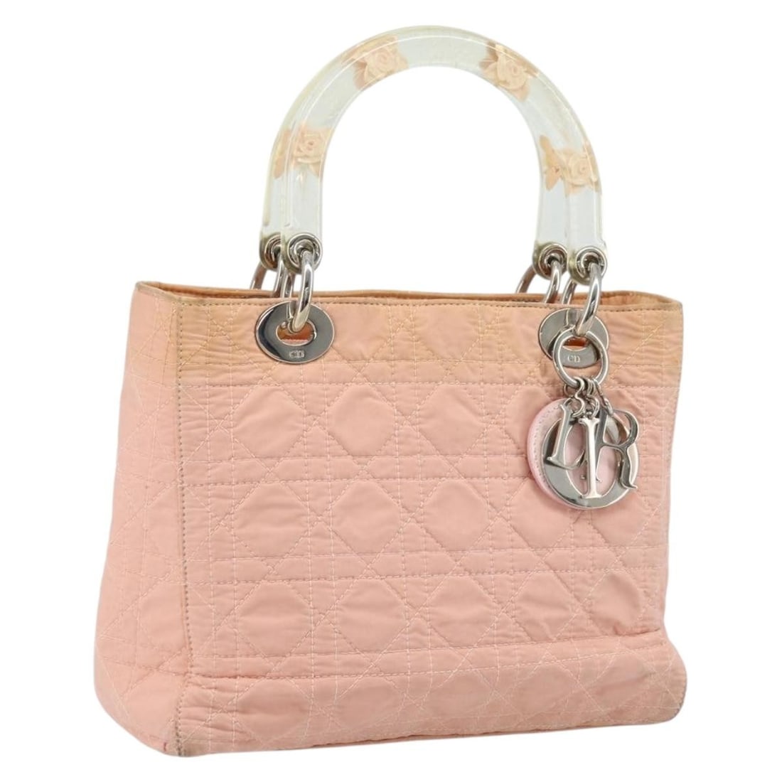 Christian Dior Lady Dior Pink Nylon Hand Bag with Charm: Christian Dior Lady Dior Pink Nylon Hand Bag with Charm Christian Dior Lady Dior handbag in pink nylon with silver-tone accents, made in Italy. This women's handbag includes a charm and shows heavy us