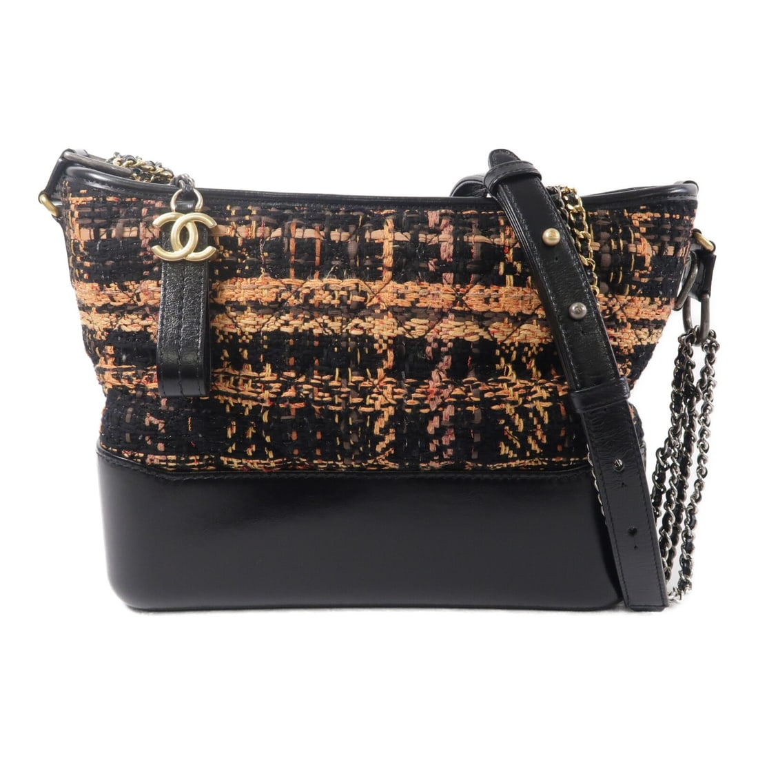 CHANEL Gabrielle AS1521 Medium Shoulder Bag in Calfskin and Tweed: CHANEL Gabrielle AS1521 Medium Shoulder Bag in Calfskin and Tweed A CHANEL CC Gabrielle Medium Chain Shoulder Bag, model AS1521, crafted from calfskin leather and tweed in a black and orange color com