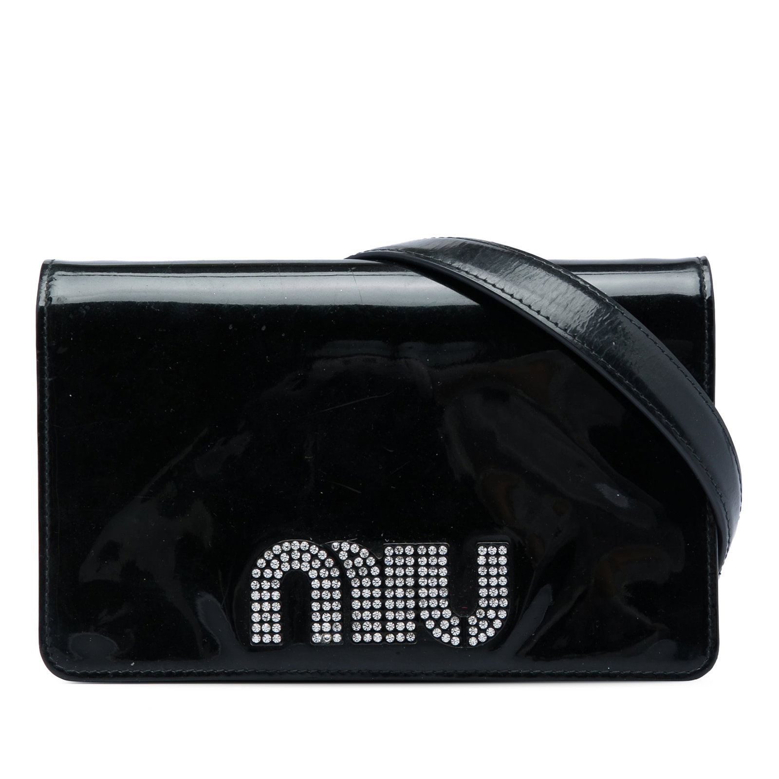 Miu Miu black patent leather chain wallet with crystal logo (1 of 7)