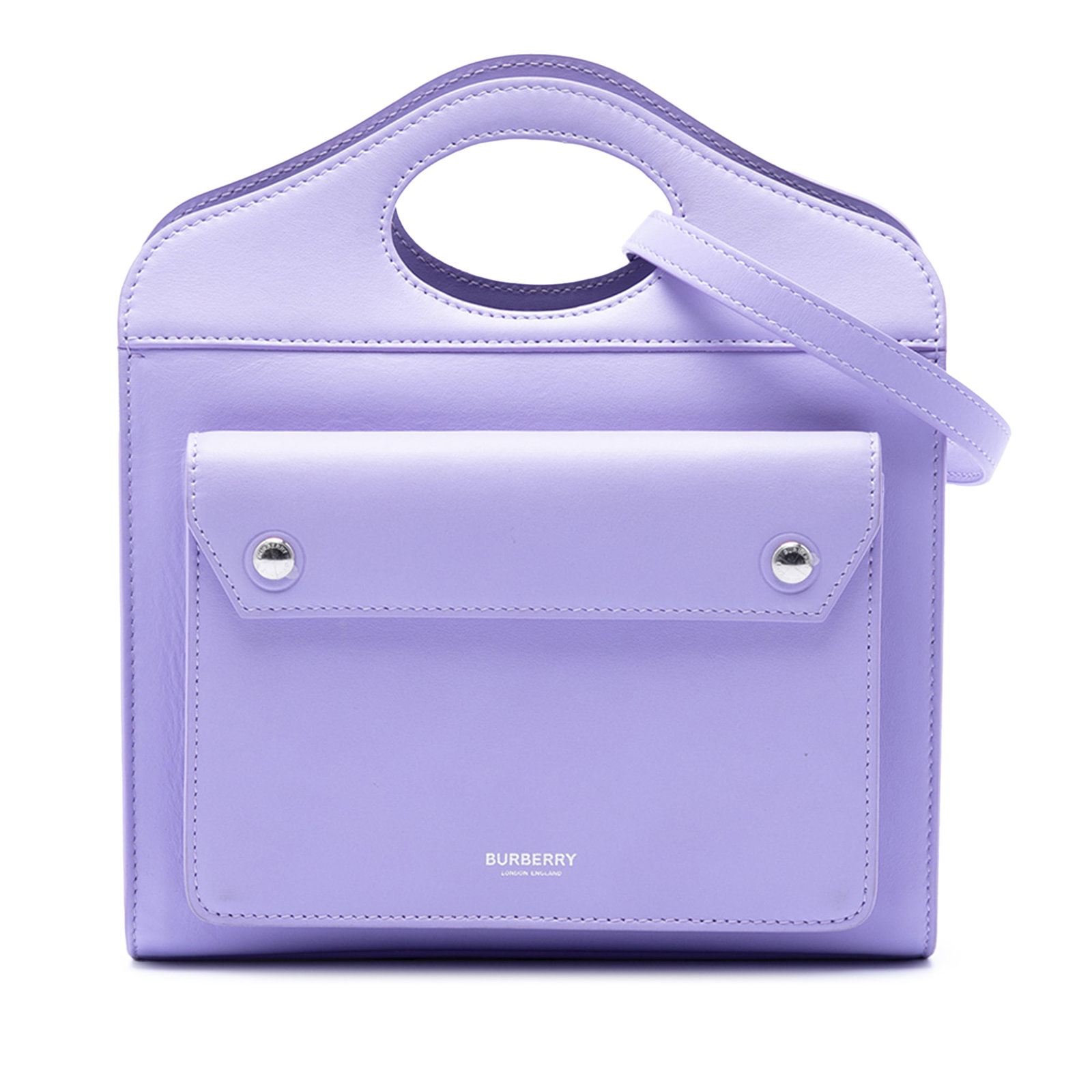 Burberry purple leather satchel with flap pocket: Burberry purple leather satchel with flap pocket This Burberry Mini Leather Pocket Tote is crafted from high-quality leather in a striking purple color. The satchel features cut-out handles, a detacha