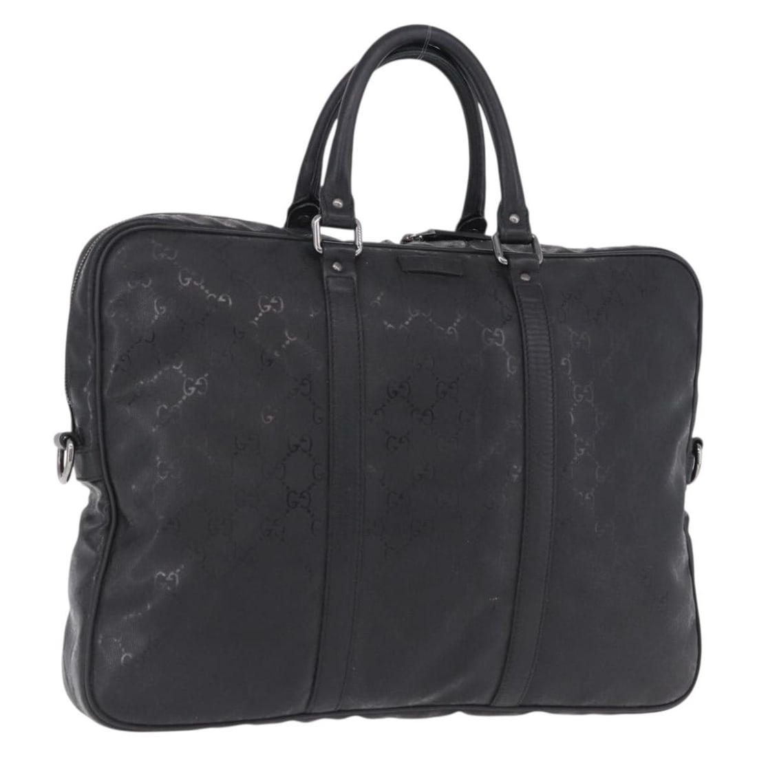 Gucci 201480 GG Canvas Business Bag Silver Black PVC Leather: Gucci 201480 GG Canvas Business Bag Silver Black PVC Leather Gucci business bag in silver and black GG canvas with PVC leather trim. Made in Italy, this women's bag has a structured slim profile and d