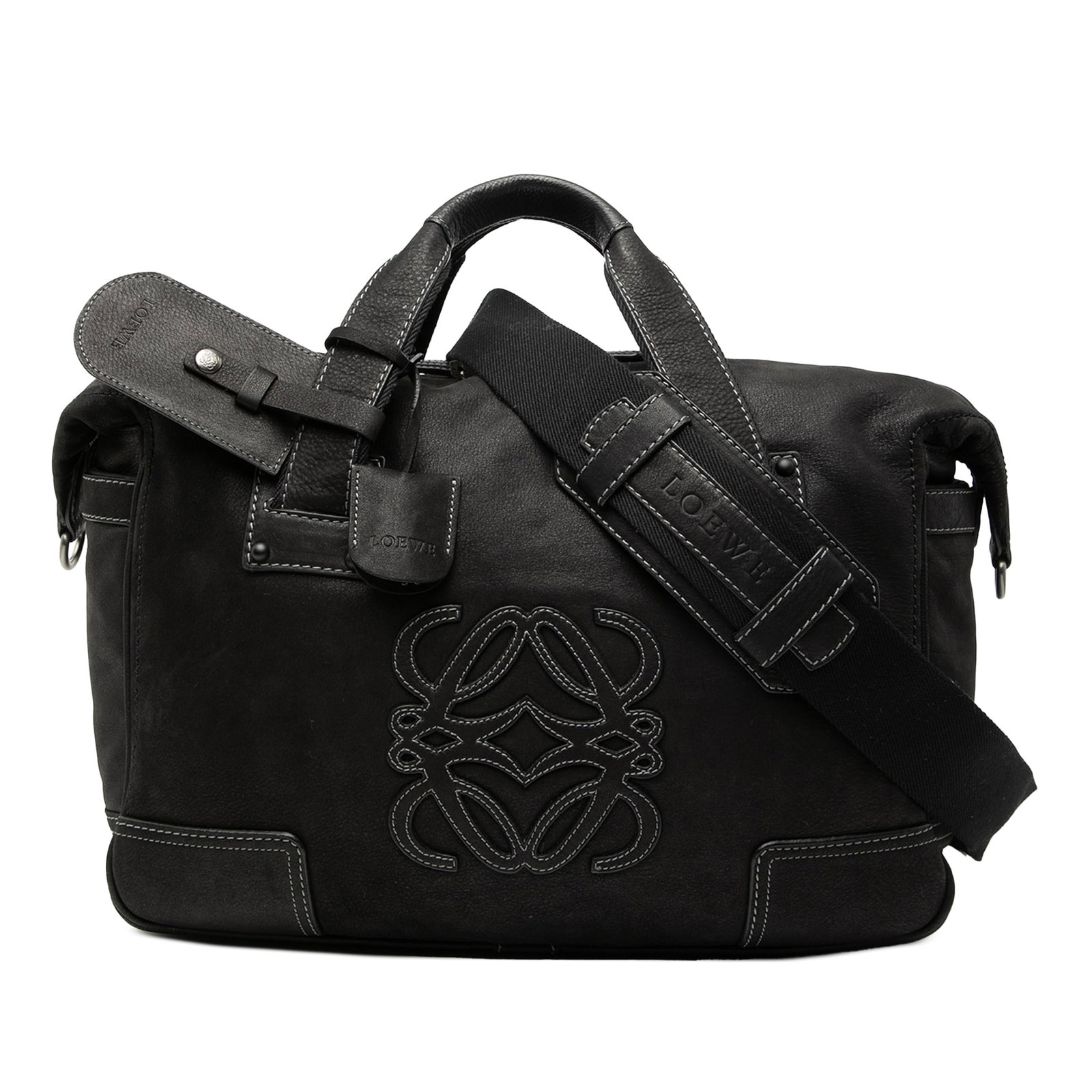LOEWE black leather satchel with detachable canvas strap: LOEWE black leather satchel with detachable canvas strap This LOEWE Nubuck Anagram Satchel is crafted from leather and features flat leather handles, a detachable flat canvas strap with a leather guar