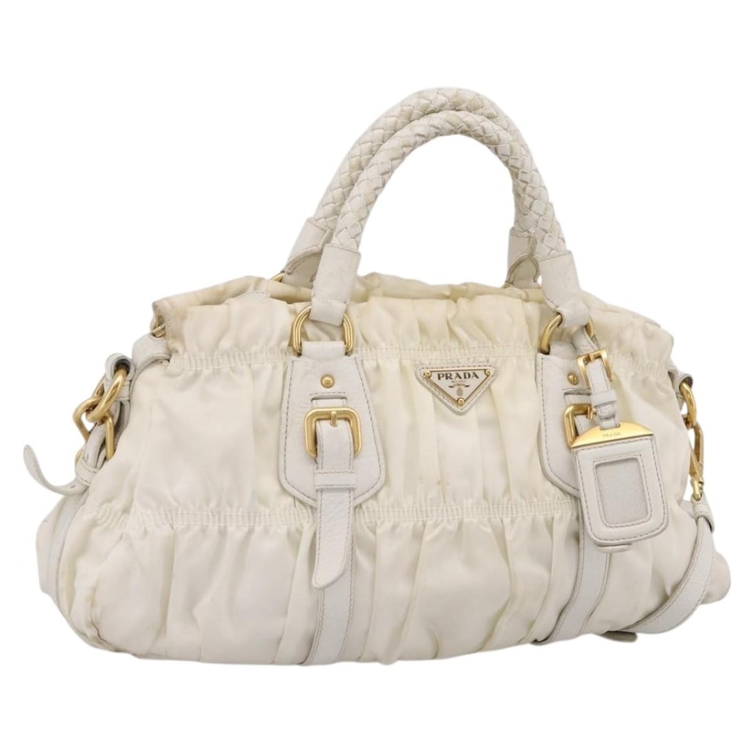 PRADA White Nylon 2way Hand Bag with Shoulder Strap: PRADA White Nylon 2way Hand Bag with Shoulder Strap Prada gathered 2-way handbag in white nylon with gold-tone accents. Designed for women and made in Italy, this handbag includes a shoulder strap and