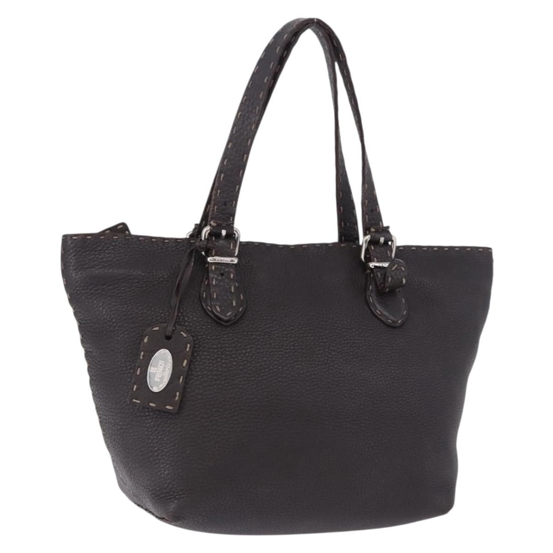 FENDI 8BH135 Celeria Leather Handbag Brown Silver Charm: FENDI 8BH135 Celeria Leather Handbag Brown Silver Charm Fendi Celeria handbag in brown leather with silver-tone accents. This women's handbag includes a charm and is made in Italy. Condition is heavil