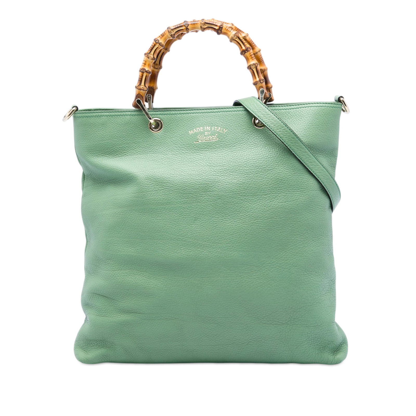 Gucci Bamboo Shopper Tote Tall Green Calfskin Satchel: Gucci Bamboo Shopper Tote Tall Green Calfskin Satchel Gucci Tall Calfskin Bamboo Shopper Tote in green leather with bamboo handles and a detachable flat leather strap. The bag features an open top wit
