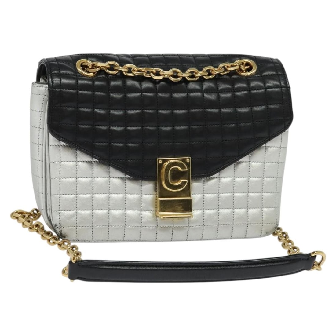 Celine Leather Chain Shoulder Bag Silver Black Gold Italy: Celine Leather Chain Shoulder Bag Silver Black Gold Italy This CELINE chain shoulder bag features a black, silver, and gold leather exterior with a chain strap. The bag is designed for women and is ma