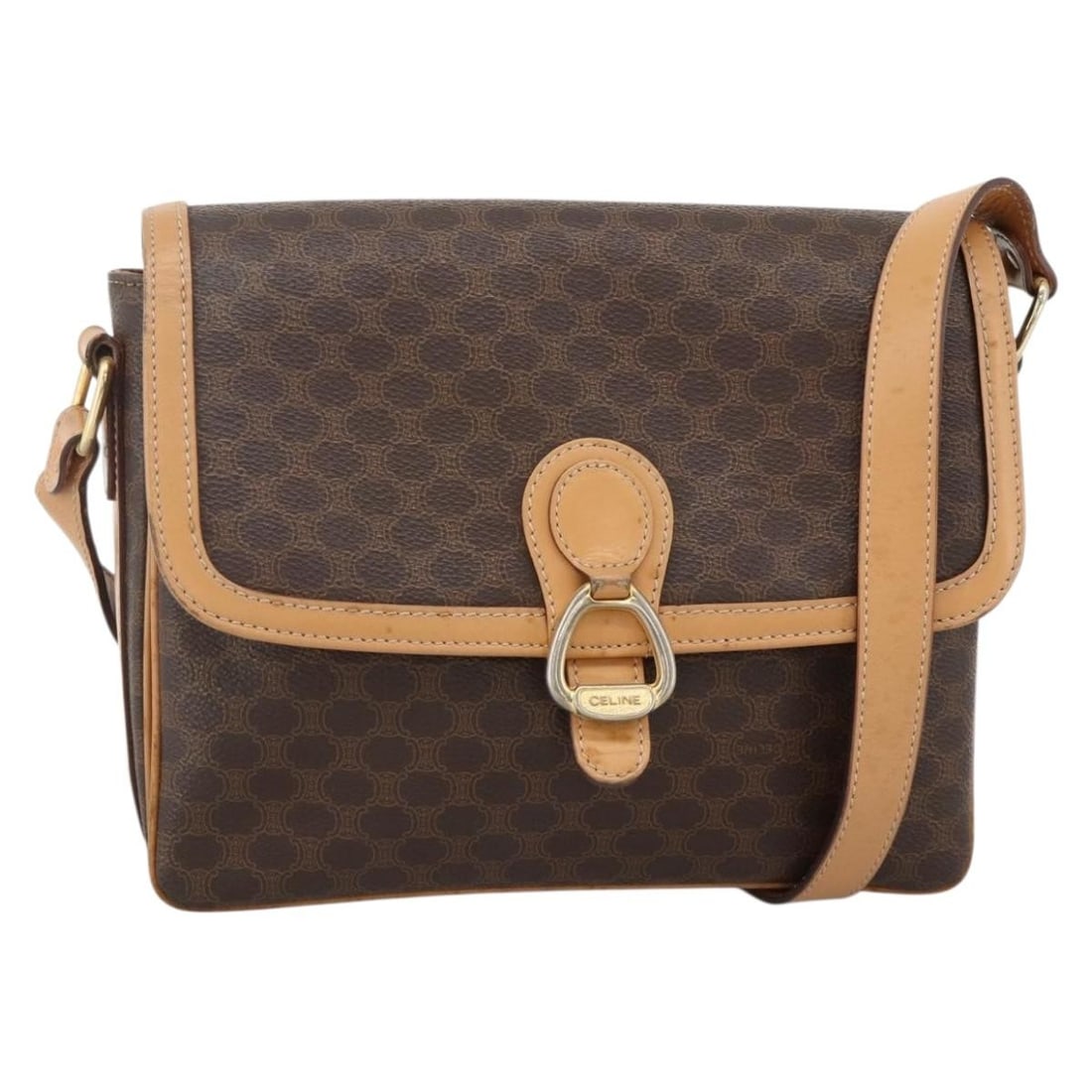 CELINE Macadam Shoulder Bag Brown PVC Leather Canvas Italy: CELINE Macadam Shoulder Bag Brown PVC Leather Canvas Italy Celine Macadam canvas shoulder bag in brown with gold-tone accents, made in Italy. This women's bag features a PVC leather and Macadam canvas