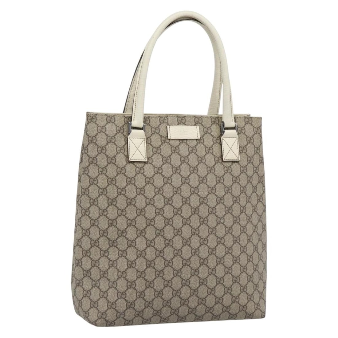 Gucci 131220 GG Supreme PVC Leather Tote Beige Silver: Gucci 131220 GG Supreme PVC Leather Tote Beige Silver Authentic Gucci tote bag in beige and silver PVC leather. This women's tote features a structured everyday silhouette with dual handles. Condition