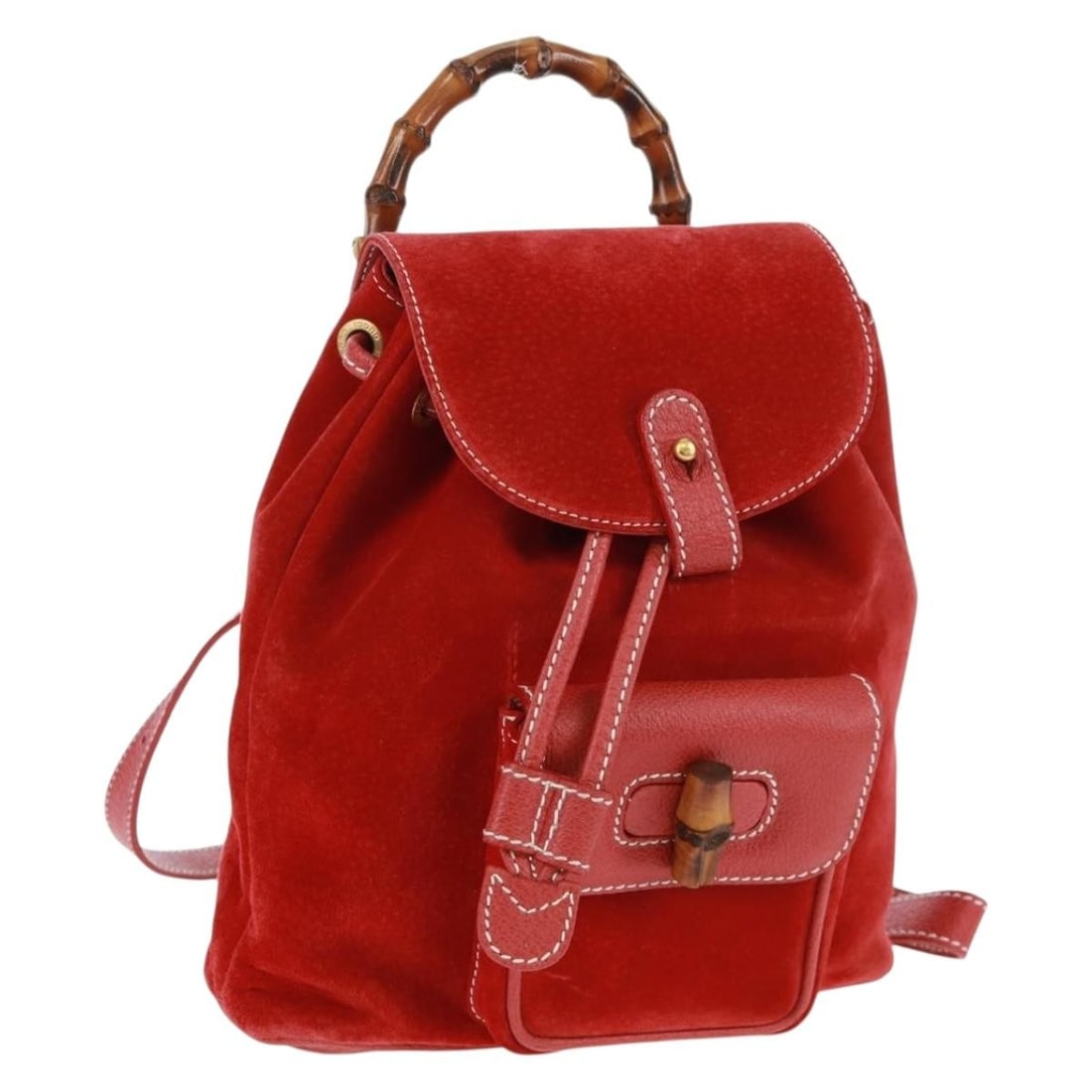 Red Suede Bamboo Backpack by Gucci Model 003 1998 0030 Gold Accents: Red Suede Bamboo Backpack by Gucci Model 003 1998 0030 Gold Accents This is a Gucci bamboo backpack crafted from red suede with gold-tone accents. The bag features a classic bamboo handle, adjustable 