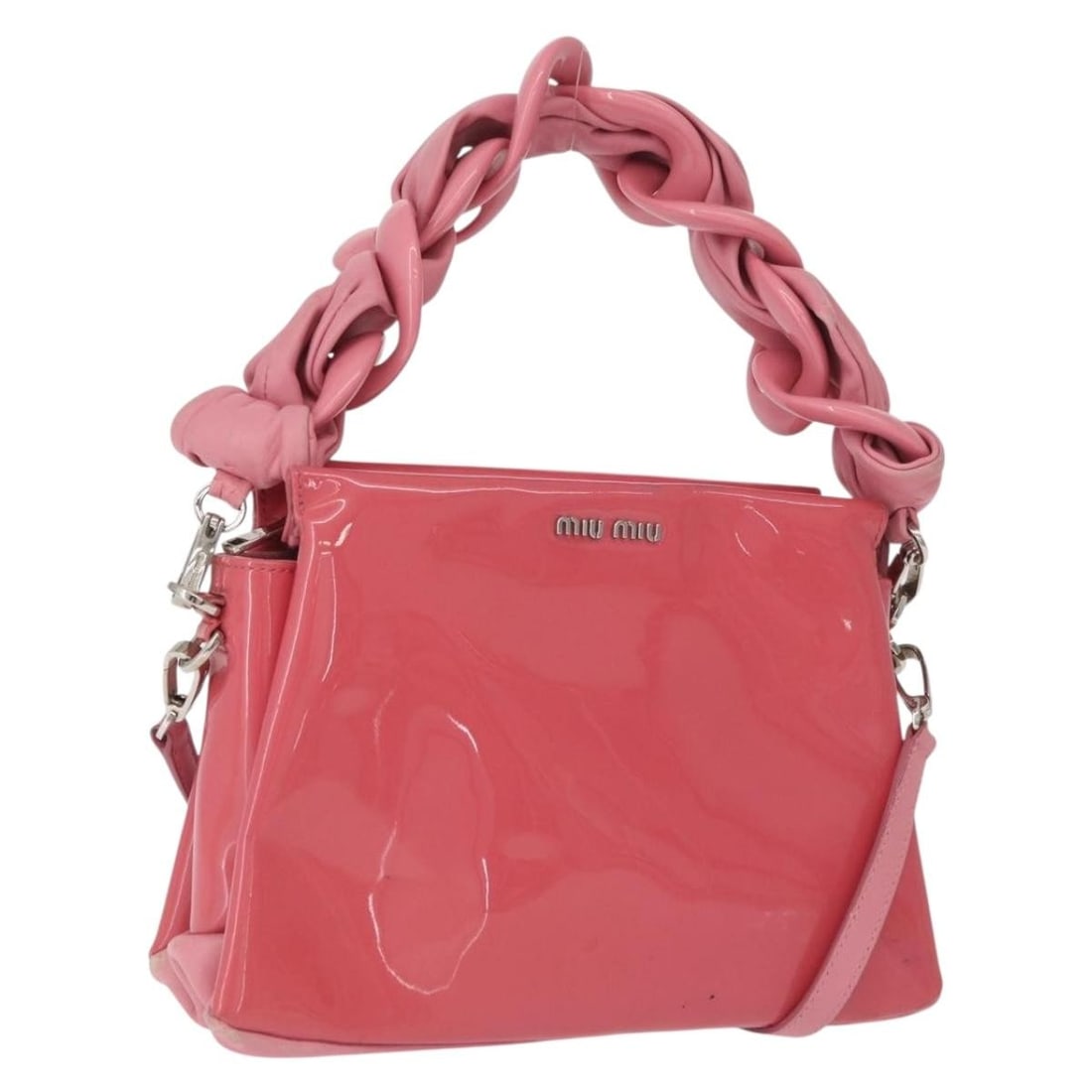Miu Miu Patent Leather Pink Silver 2way Handbag with Shoulder Strap: Miu Miu Patent Leather Pink Silver 2way Handbag with Shoulder Strap This Miu Miu handbag features a stylish 2-way design crafted from pink and silver patent leather. Made in Italy, it offers both a ha