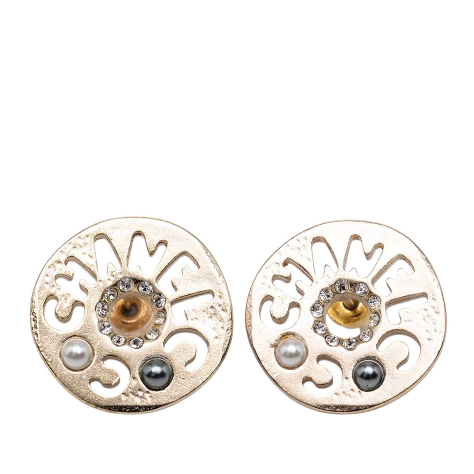 Chanel Coco Logo Disc Earrings Gold Tone Faux Pearl Strass: Chanel Coco Logo Disc Earrings Gold Tone Faux Pearl Strass Chanel Coco Logo disc earrings with a gold tone metal body, rhinestone accents, faux pearl embellishments, and push back closures. Made in Fr