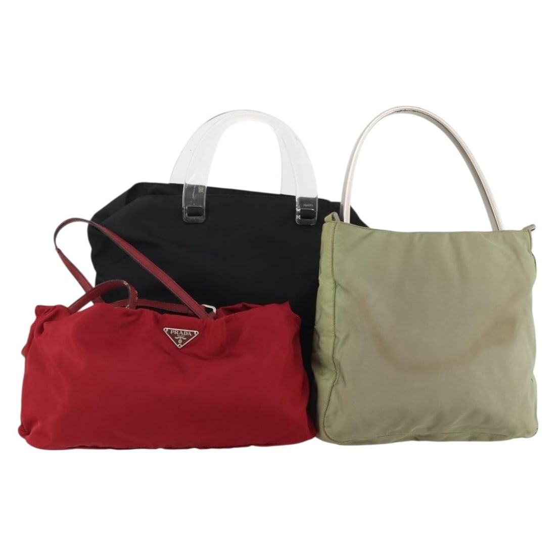 PRADA nylon handbag trio in red black and khaki: PRADA nylon handbag trio in red black and khaki Set of three Prada women's nylon handbags in red, black, and khaki, made in Italy. This special set sale includes only the items shown in the photo; ite