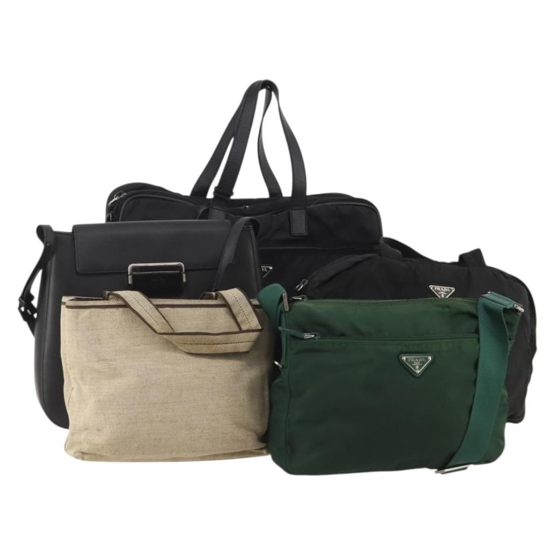 Set of 5 Prada nylon handbags with leather trim black green beige: Set of 5 Prada nylon handbags with leather trim black green beige Bundle of Prada women's handbags in nylon with black, green, and beige coloring. This 5-piece set includes name tags and a guarantee c