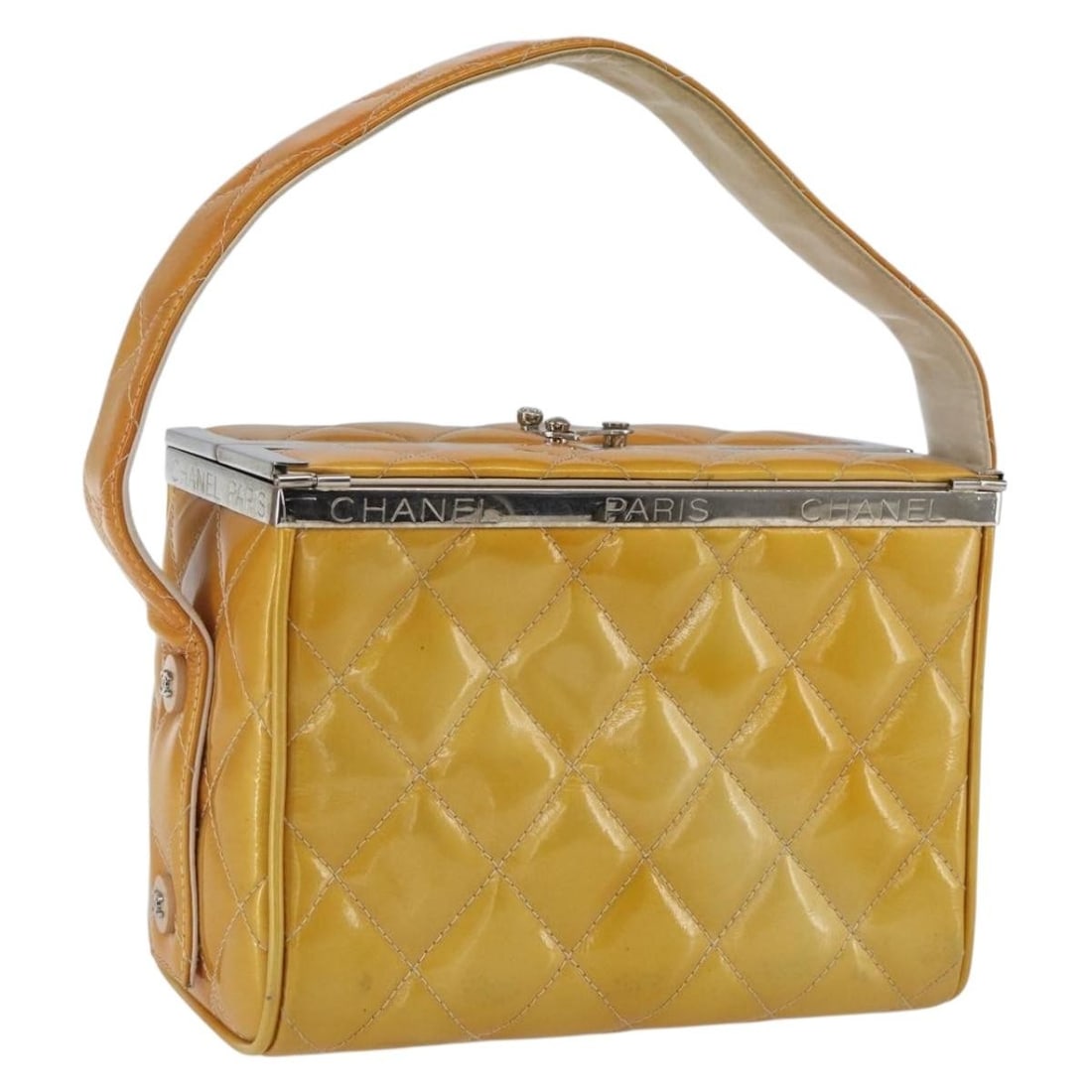 CHANEL Vanity Box Hand Bag Yellow Patent Leather Silver CC (1 of 18)