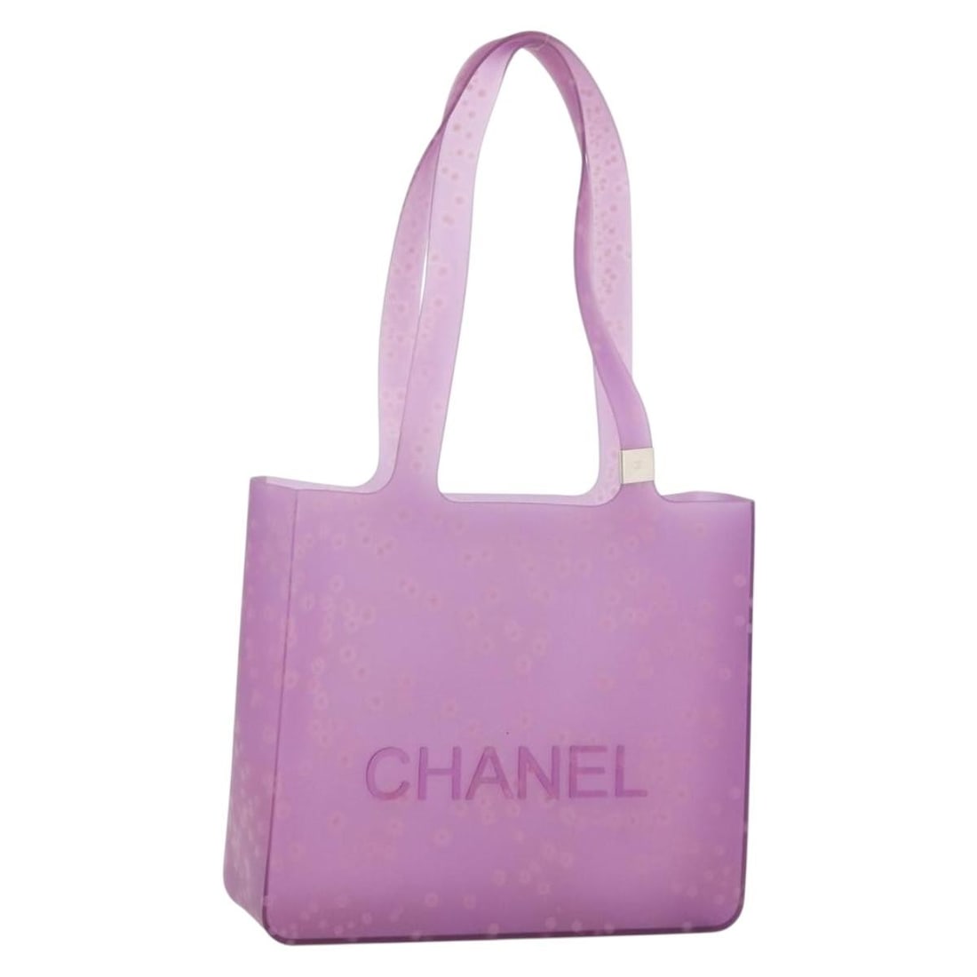 Purple Rubber Tote Bag by CHANEL Made in Italy: Purple Rubber Tote Bag by CHANEL Made in Italy CHANEL tote bag in purple rubber, made in Italy. The bag has a handle drop of 8.7 inches (22 cm) and measures approximately 9.8 x 8.3 x 2.8 inches (25 x 