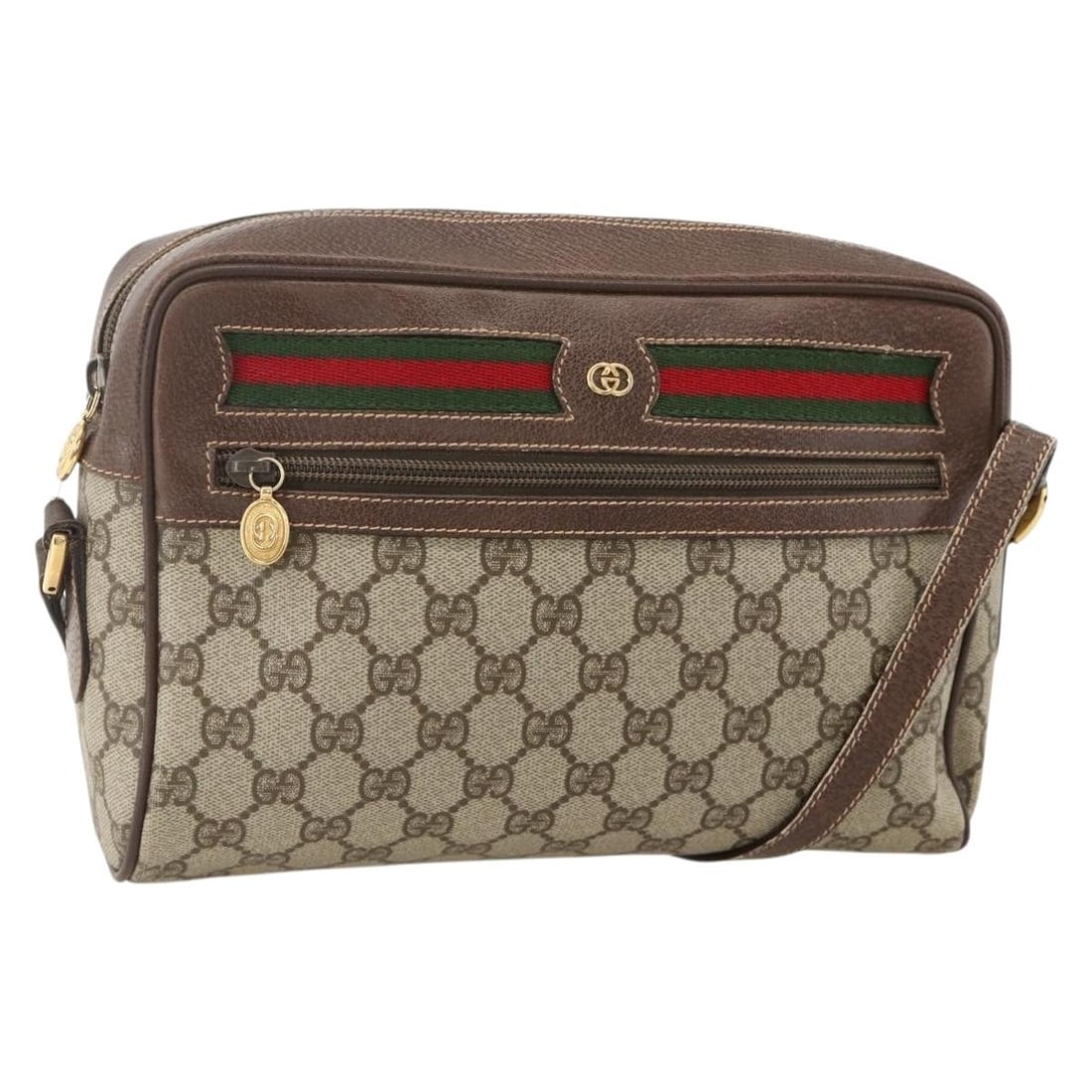 Gucci 001 113 6472 GG Supreme Sherry Web Shoulder Bag Beige Gold: Gucci 001 113 6472 GG Supreme Sherry Web Shoulder Bag Beige Gold Gucci GG Supreme Web Sherry Line shoulder bag in beige and gold PVC leather with GG canvas. This women's bag is made in Italy and featu
