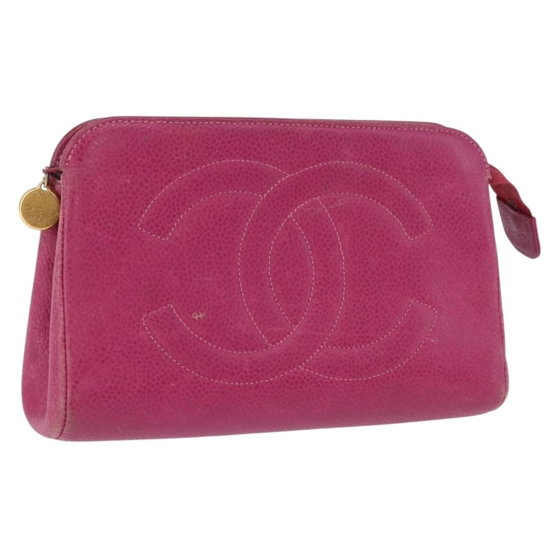 Chanel COCO Mark Caviar Skin Pouch Pink Gold: Chanel COCO Mark Caviar Skin Pouch Pink Gold Chanel Coco Mark pouch in pink grained calfskin with a gold CC accent. This women's pouch shows heavy use, with rubbing, stains, slight shape loss, scratch