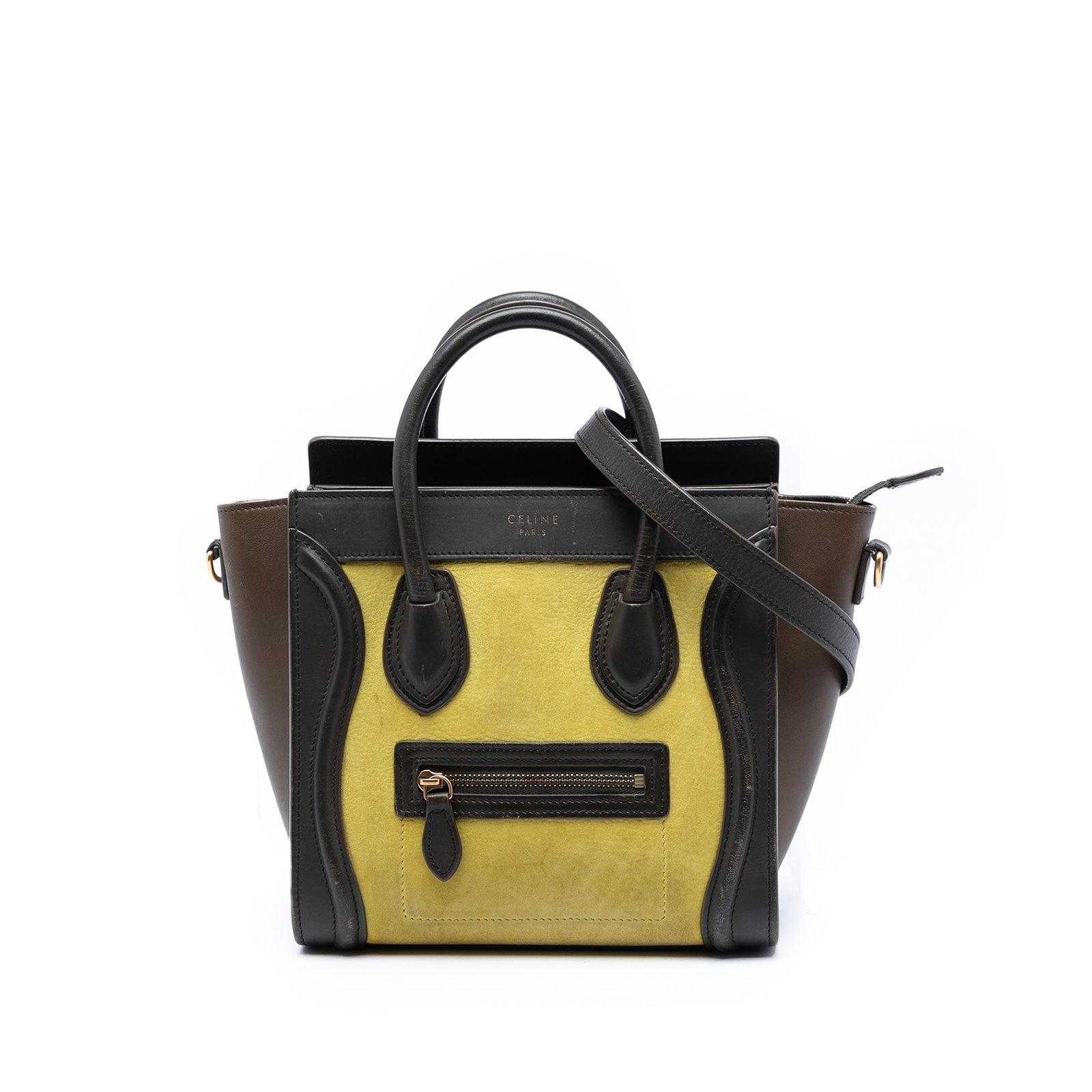 Celine Luggage Nano Tricolor Leather Tote: Celine Luggage Nano Tricolor Leather Tote This Celine Nano Tricolor Leather Luggage Tote showcases a striking tricolor leather design. It features rolled leather handles, a detachable flat leather sho