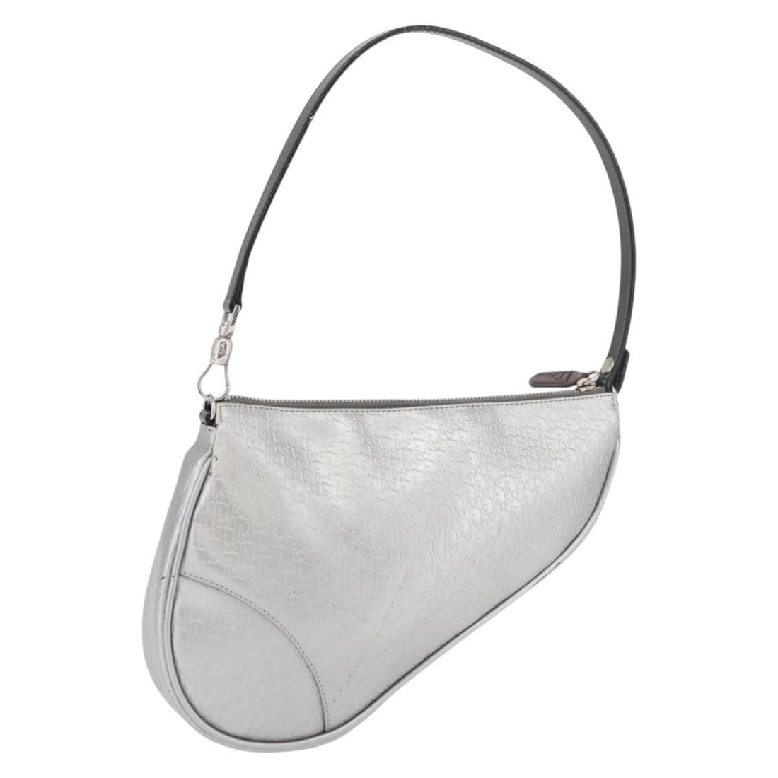 Christian Dior Silver Trotter Canvas Accessory Pouch with Card: Christian Dior Silver Trotter Canvas Accessory Pouch with Card This Christian Dior Trotter Canvas Saddle accessory pouch features a silver PVC leather exterior with the iconic Trotter canvas detail. D