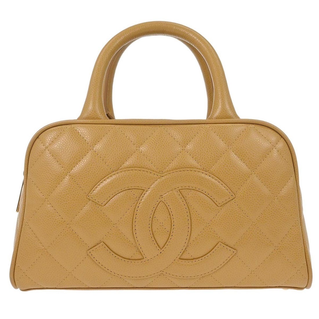 CHANEL Bowling 27 Beige Caviar Skin Leather Top Handle Bag: CHANEL Bowling 27 Beige Caviar Skin Leather Top Handle Bag Chanel bowling bag in beige caviar skin leather with double handles, a zip closure, logo accents, and inner storage pockets. The bag is made 