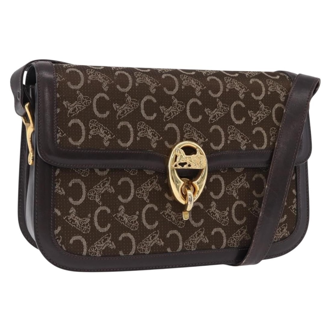 CELINE Sulky C Horse Carriage Canvas Shoulder Bag Brown: CELINE Sulky C Horse Carriage Canvas Shoulder Bag Brown Authentic CELINE C Sulky Horse Carriage shoulder bag in brown canvas with gold-tone accents. This women's shoulder bag was made in Italy and fea