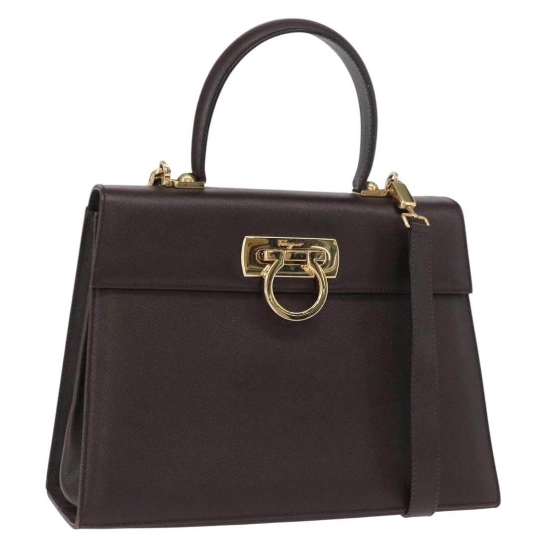 Salvatore Ferragamo Gancini Brown Leather 2way Shoulder and Handbag Gold Hardware: Salvatore Ferragamo Gancini Brown Leather 2way Shoulder and Handbag Gold Hardware This Salvatore Ferragamo Gancini handbag is crafted from brown leather and features gold-tone accents. Designed for ve
