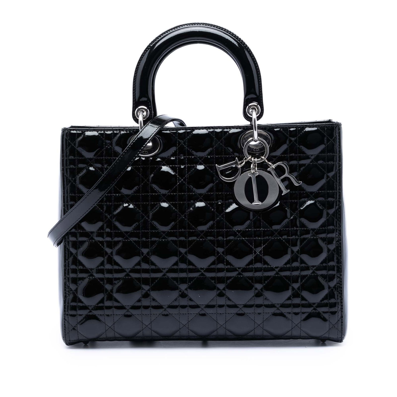 Dior Lady Dior Large Black Patent Cannage Quilted Leather Tote Bag: Dior Lady Dior Large Black Patent Cannage Quilted Leather Tote Bag This Lady Dior bag features a quilted patent leather body in black, flat leather top handles, a detachable flat strap, a top zip clos