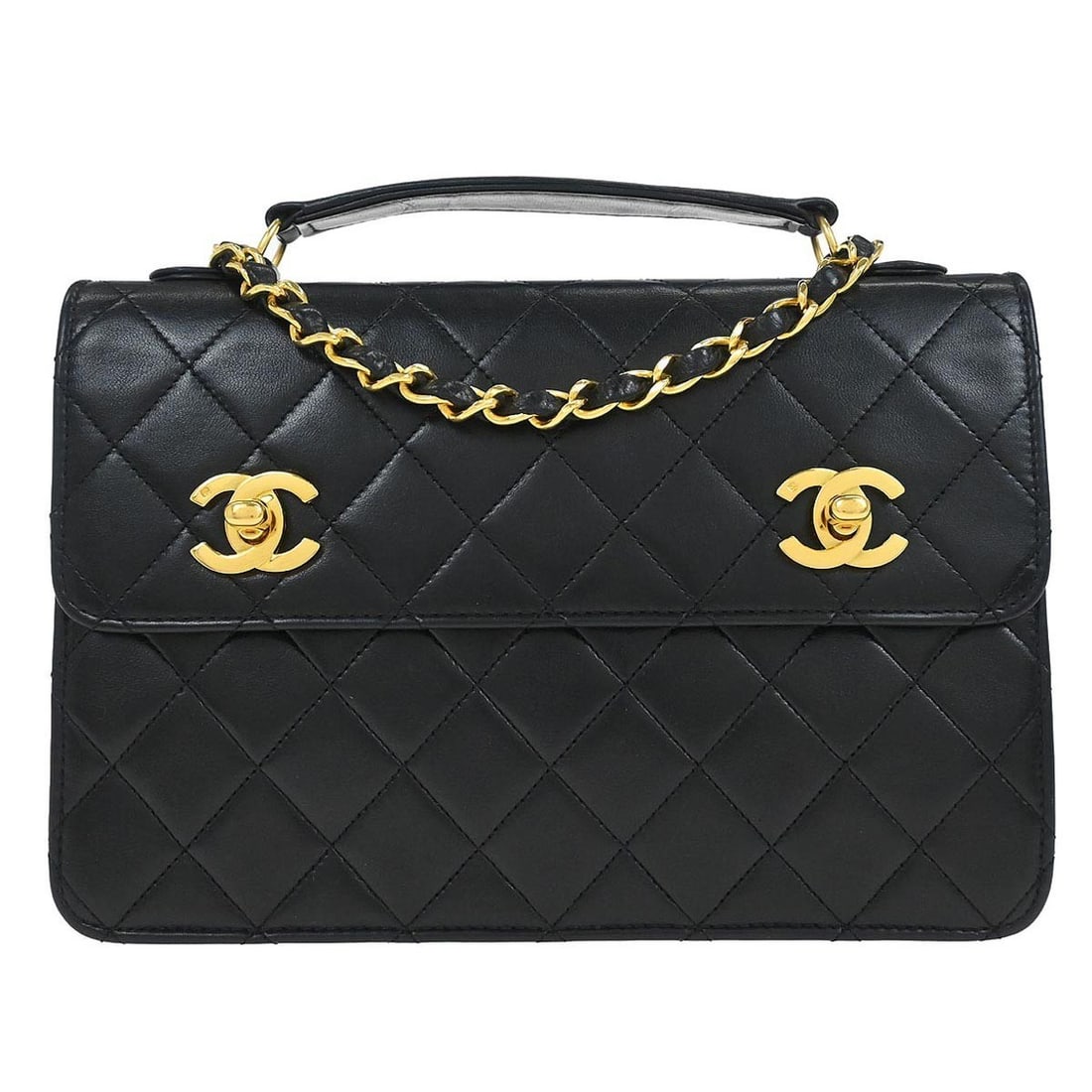 Chanel CC black lambskin top handle 2way bag: Chanel CC black lambskin top handle 2way bag Chanel 2way handbag in black lambskin with a top handle bag style and non-adjustable strap. It features a leather lining, logo accent, and the Chanel CC pr