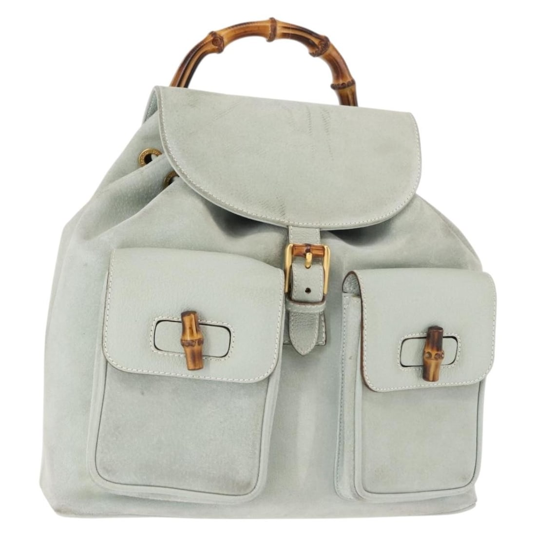 Authentic GUCCI Bamboo Suede Backpack Light Blue Gold 003 2058 9016: Authentic GUCCI Bamboo Suede Backpack Light Blue Gold 003 2058 9016 This authentic GUCCI Bamboo Backpack is a stylish accessory crafted in Italy from high-quality suede and leather. The bag features a