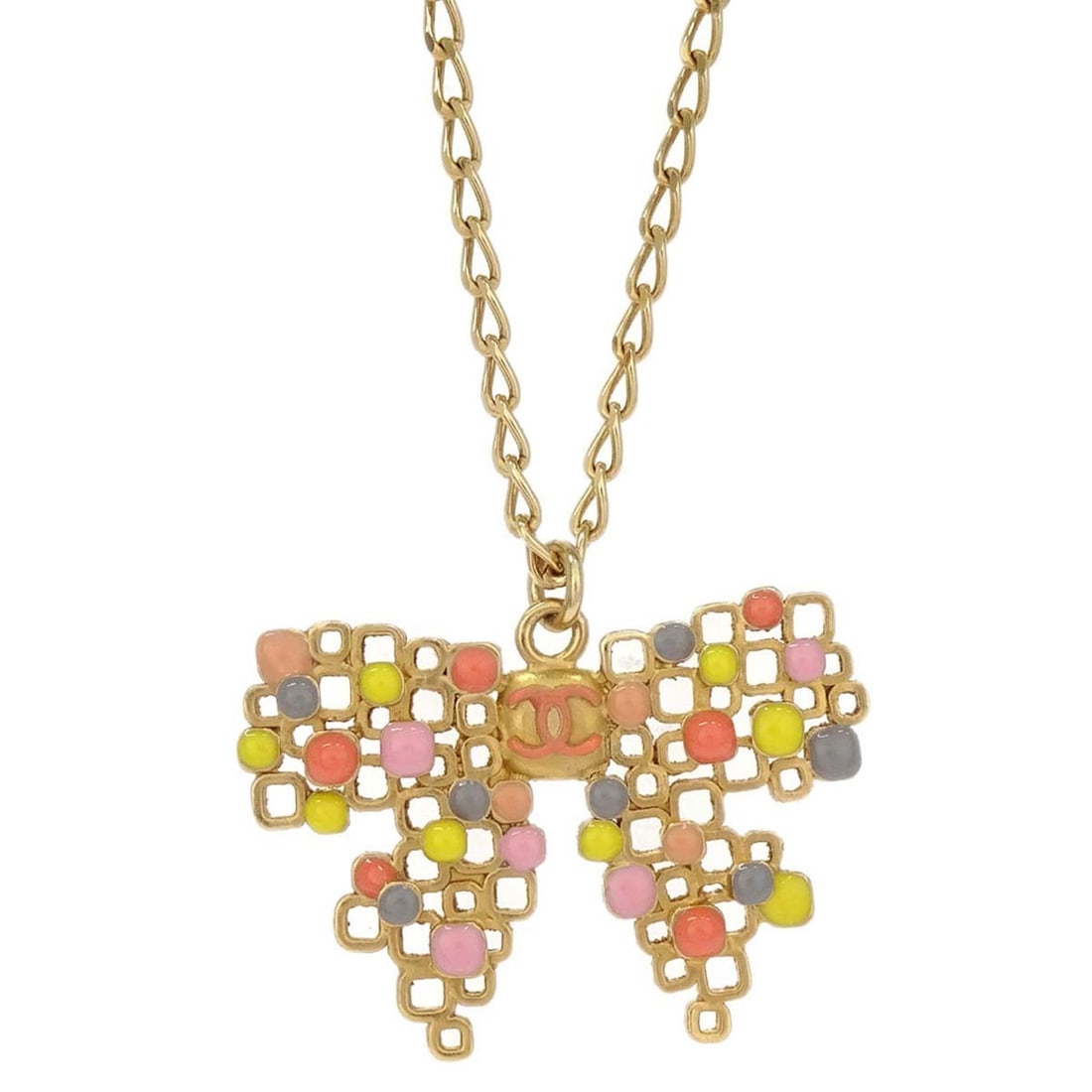 CHANEL CC Bow Pendant Necklace Gold Plated 03S: CHANEL CC Bow Pendant Necklace Gold Plated 03S Chanel pendant necklace featuring a colorful CC bow motif charm in gold-plated metal. Made in France, this charm-style necklace comes with its box and is