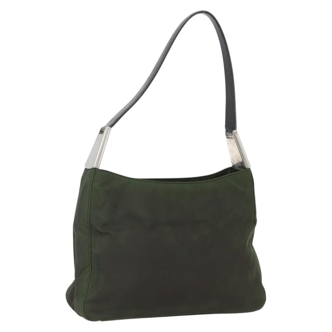 Khaki Nylon Shoulder Bag by Prada Made in Italy: Khaki Nylon Shoulder Bag by Prada Made in Italy This Prada shoulder bag is crafted from khaki nylon with leather accents and features a 9.1-inch strap drop. The bag shows signs of heavy use including 