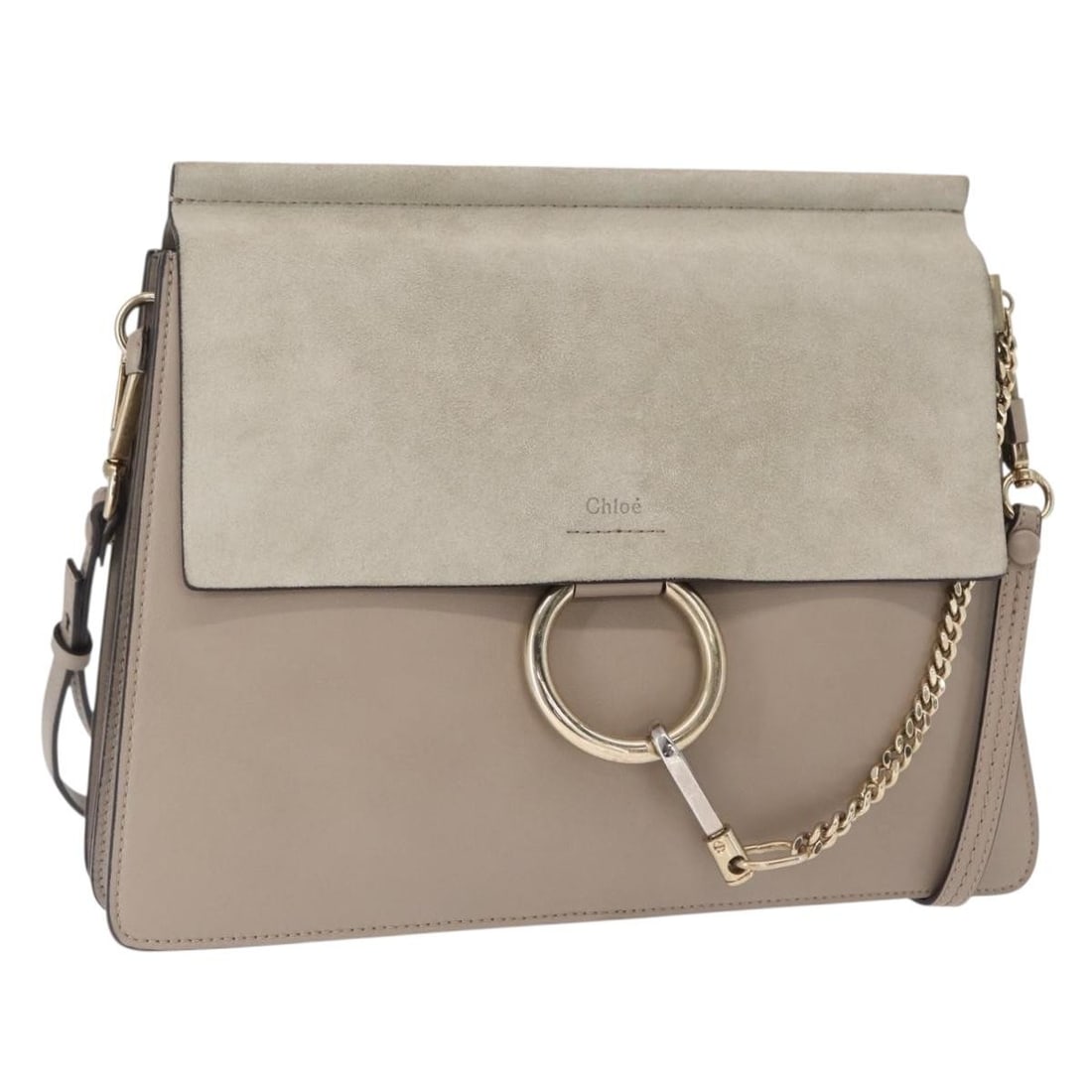 Chloe Fay Suede Beige and Gold Italian Shoulder Bag: Chloe Fay Suede Beige and Gold Italian Shoulder Bag This Chloe Fay shoulder bag is crafted from beige suede leather with gold-tone accents. It features a structured silhouette with a flap closure, off