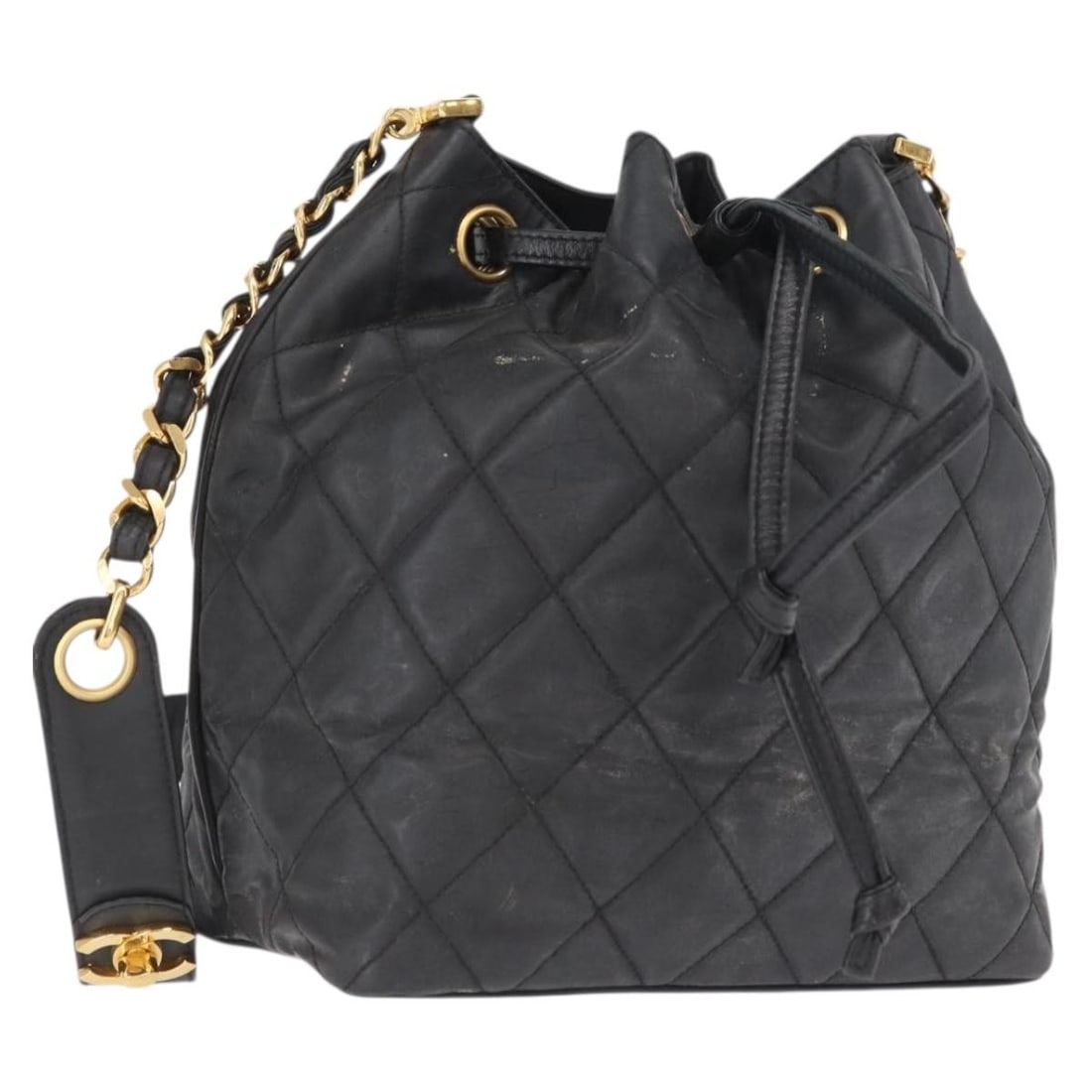 CHANEL Patent Leather Shoulder Bag Black Gold CC Chain: CHANEL Patent Leather Shoulder Bag Black Gold CC Chain Black patent leather shoulder bag with a chain strap and CC detailing. This women's bag is made in Italy and is offered in heavily used condition