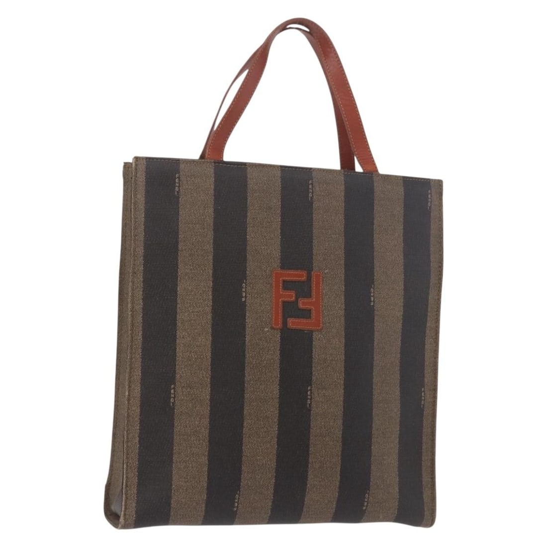 FENDI Pequin Canvas PVC Leather Handbag Brown Black Italy: FENDI Pequin Canvas PVC Leather Handbag Brown Black Italy Fendi hand bag in brown and black PVC leather/Pequin canvas, made in Italy. The bag measures approximately 11.0 x 12.2 x 2.8 inches, with a ha