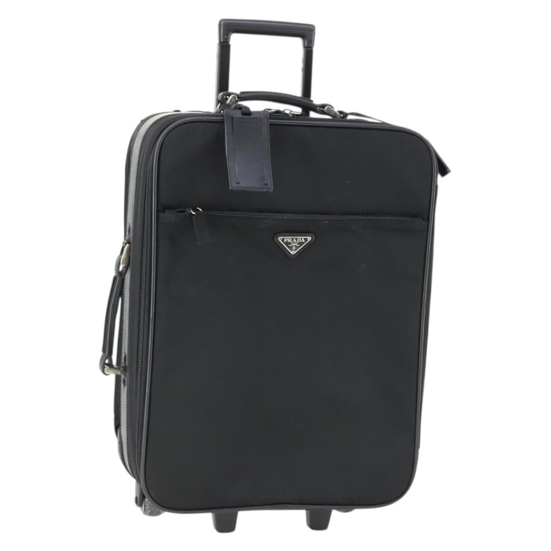 Prada Nylon Suitcase Carry Case Black Silver with Key Tag Pouch: Prada Nylon Suitcase Carry Case Black Silver with Key Tag Pouch Prada nylon suitcase in black and silver with a structured carry case design. Made in Italy, this piece includes a key, clochette, name 