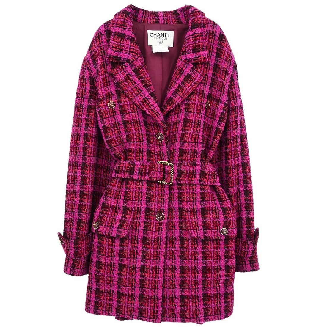 Vintage CHANEL Pink Wool Nylon Mid Length Coat Size 40: Vintage CHANEL Pink Wool Nylon Mid Length Coat Size 40 Vintage Chanel mid-length overcoat in pink with long sleeves, a regular fit, and logo accents. Made in France, this women's coat includes a belt 